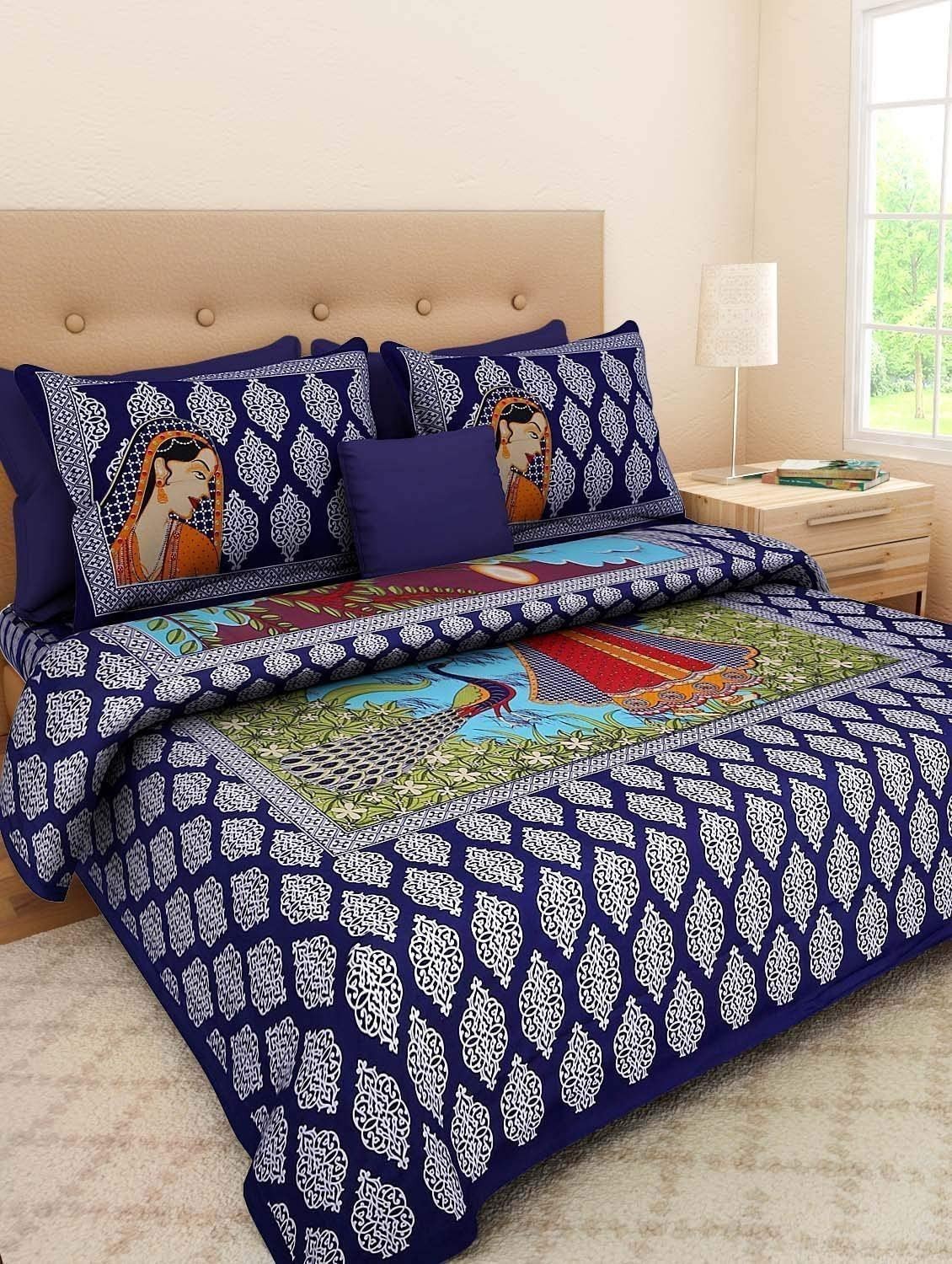 Sanganeri Mart Jaipuri Prints Cotton Bed sheet For Double Bed With Two Pillow Cover Size 85 x 95 Inch