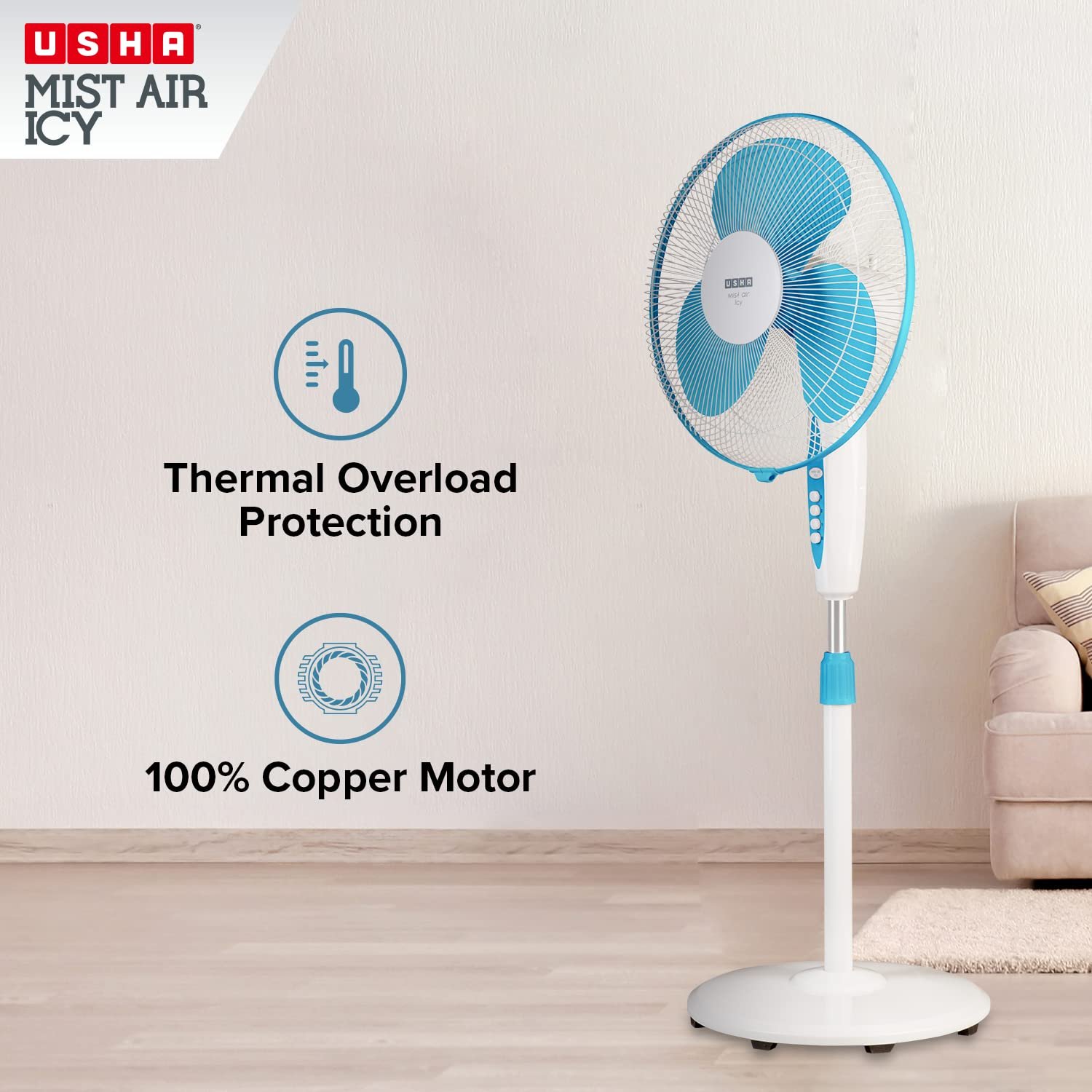 Usha Mist Air Icy 400mm Pedestal Fan (Blue)