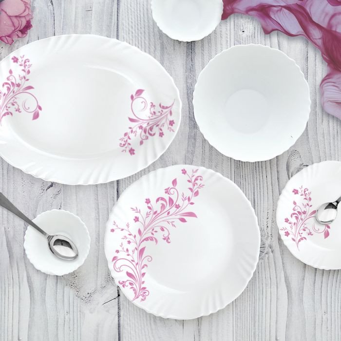 Cello Imperial Pink Swirl Opalware Dinner Set 33 Pieces - Microwave Safe  and Stylish White Design