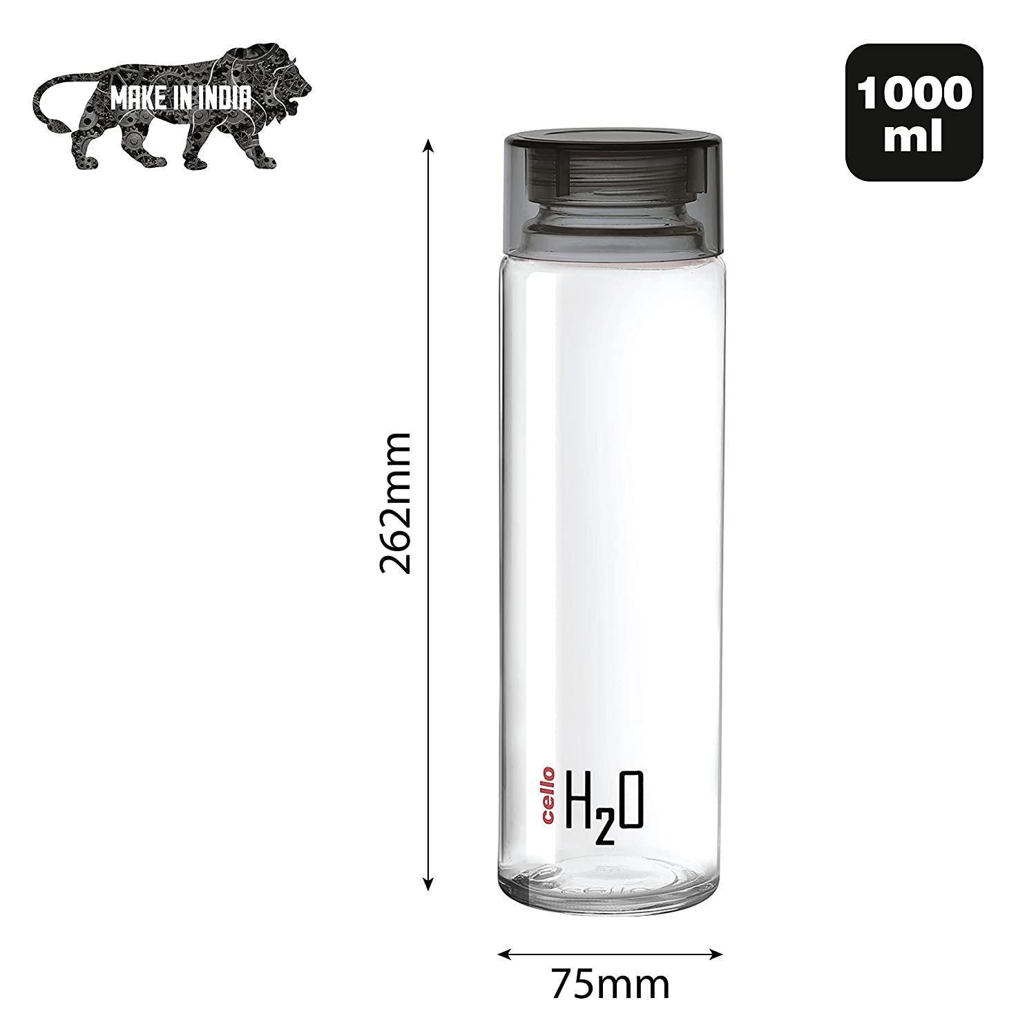 Cello H2o Sodalime Glass Fridge Water Bottle With Plastic Cap 1000ml Black