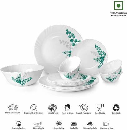 Cello Imperial Aqua Leaves Opal ware Dinner Set (33 Pcs, White)