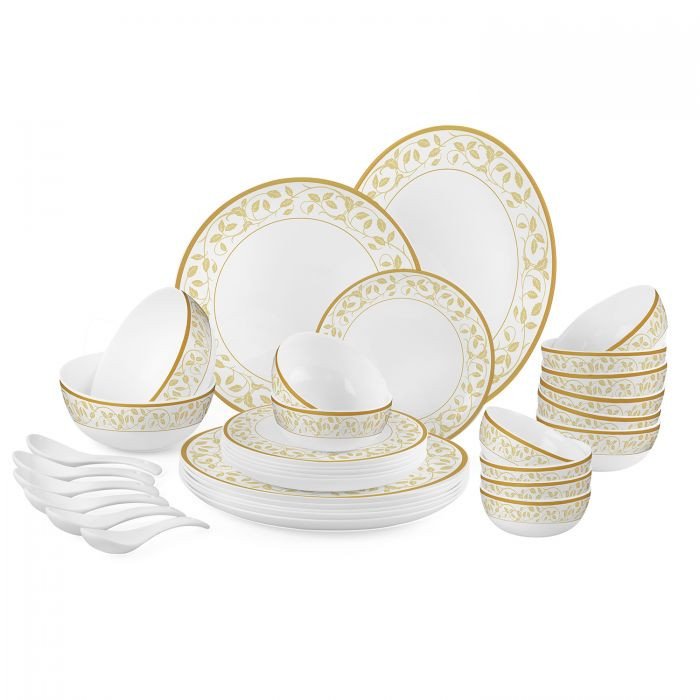 Cello Divine Amber Gold Opalware Glass Dinner Set 33 Piece