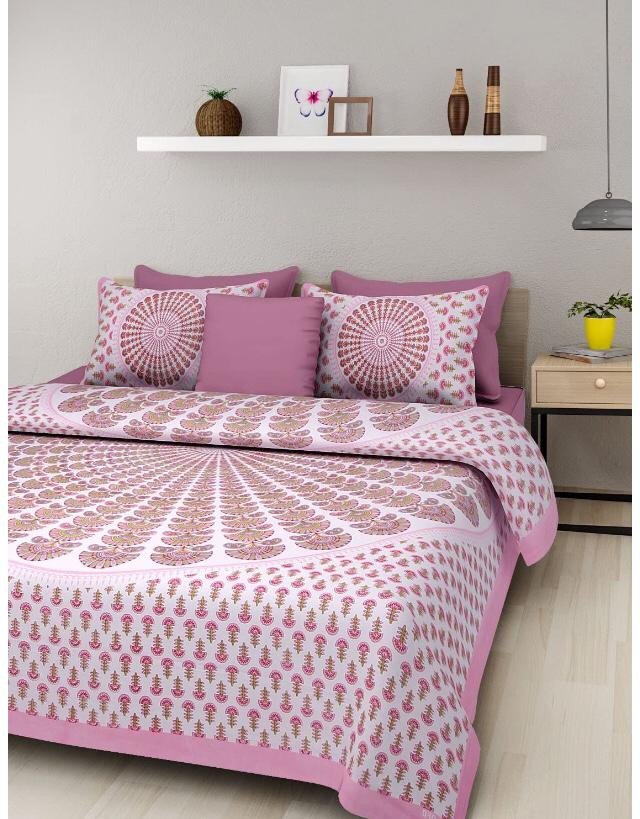 Sanganeri Mart Jaipuri Prints Cotton Bed sheet For Double Bed With Two Pillow Cover Size 85 x 95 Inch