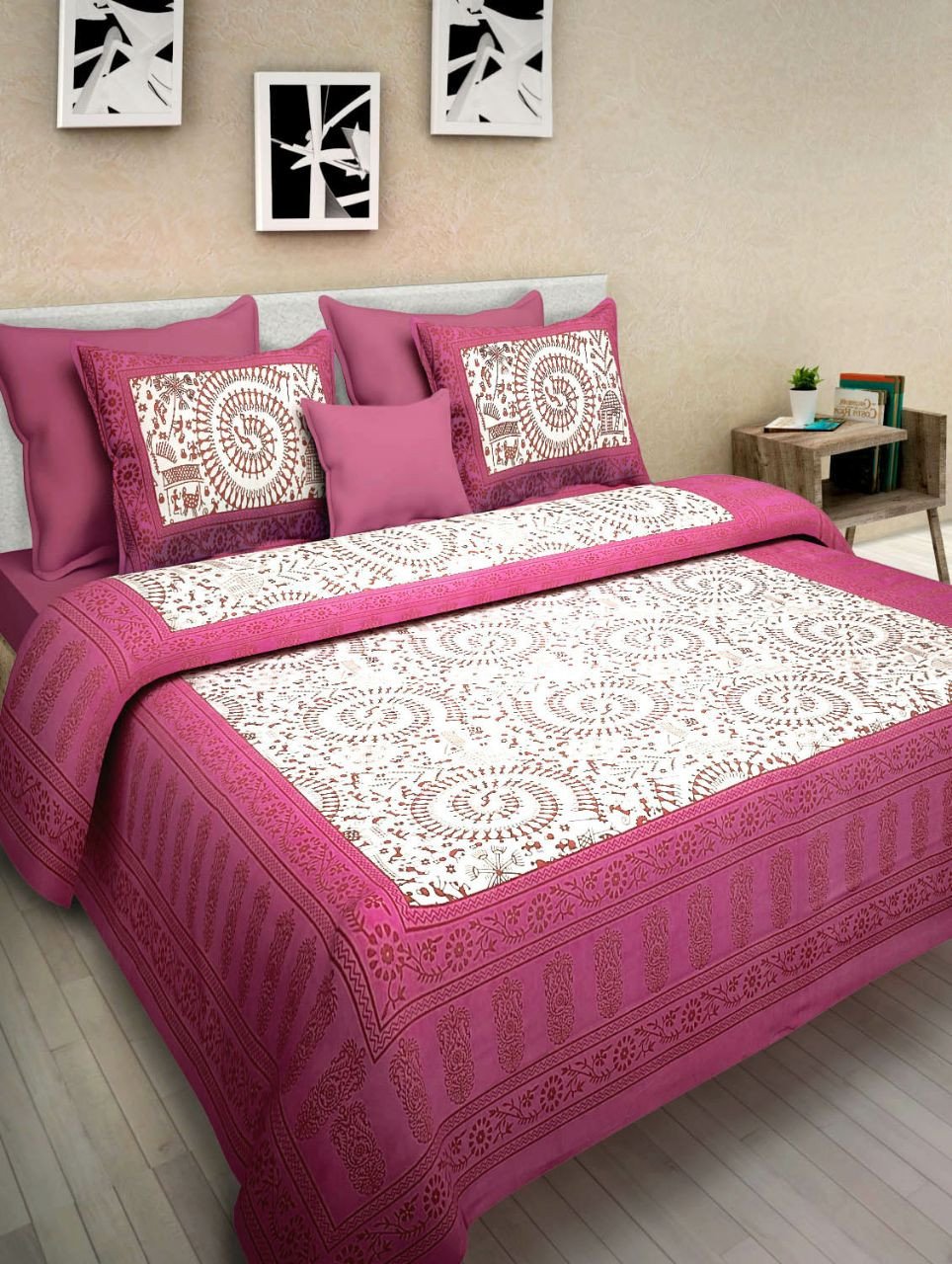 Sanganeri Mart Jaipuri Prints Cotton Bed sheet For Double Bed With Two Pillow Cover Size 85 x 95 Inch
