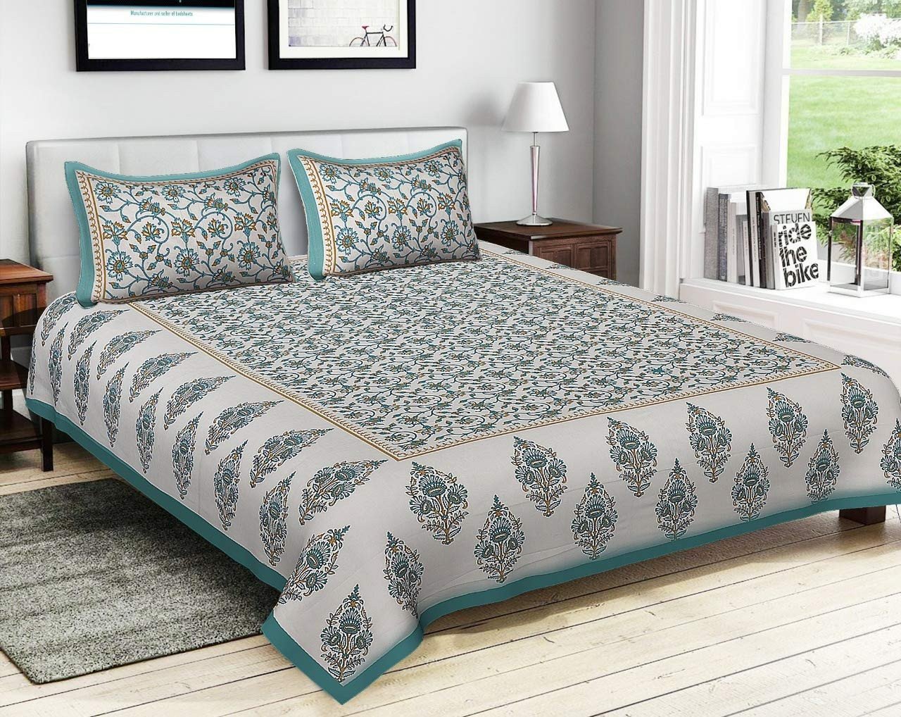 Jaipuri Prints Cotton Bed sheet For Double Bed With Two Pillow Cover