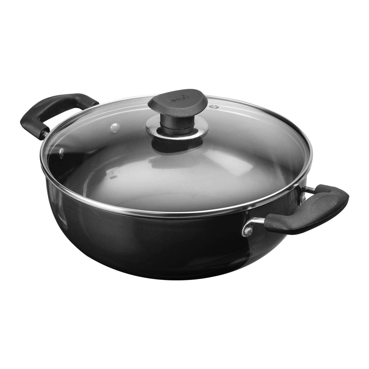 Vinod Hard Anodized Aluminium Deep Kadai with Glass Lid- 24 cm, 3.1 Ltr, black