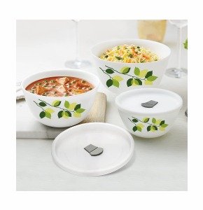 Larah by BOROSIL Opalware Green Leaves Mixing & Serving Bowl Set of 3 with Lid
