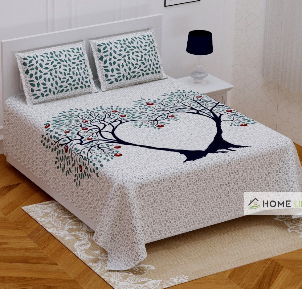 Sanganeri Mart Jaipuri Prints Cotton Bed sheet For Double Bed With Two Pillow Cover Size 85 x 95 Inch