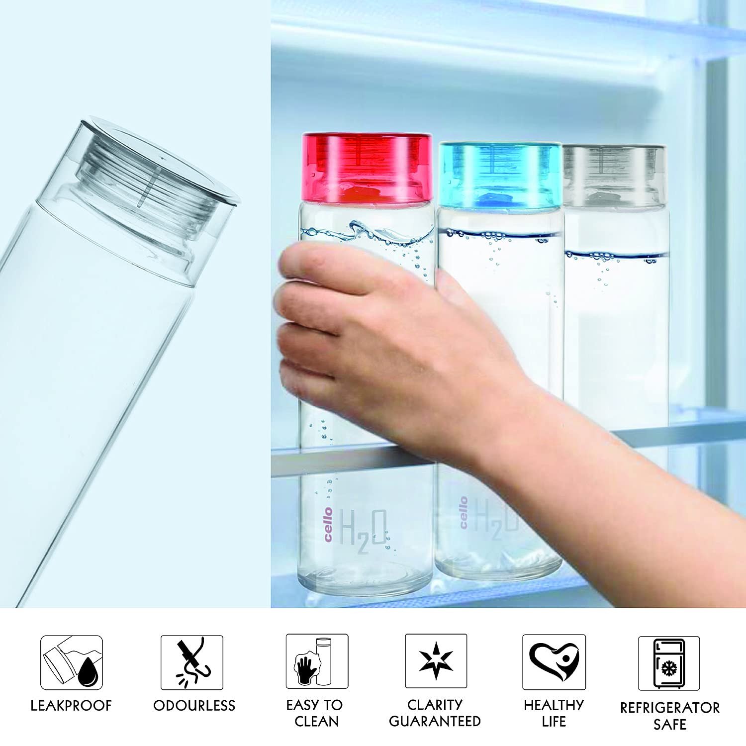 Cello H2o Sodalime Glass Fridge Water Bottle With Plastic Cap 1000ml Black