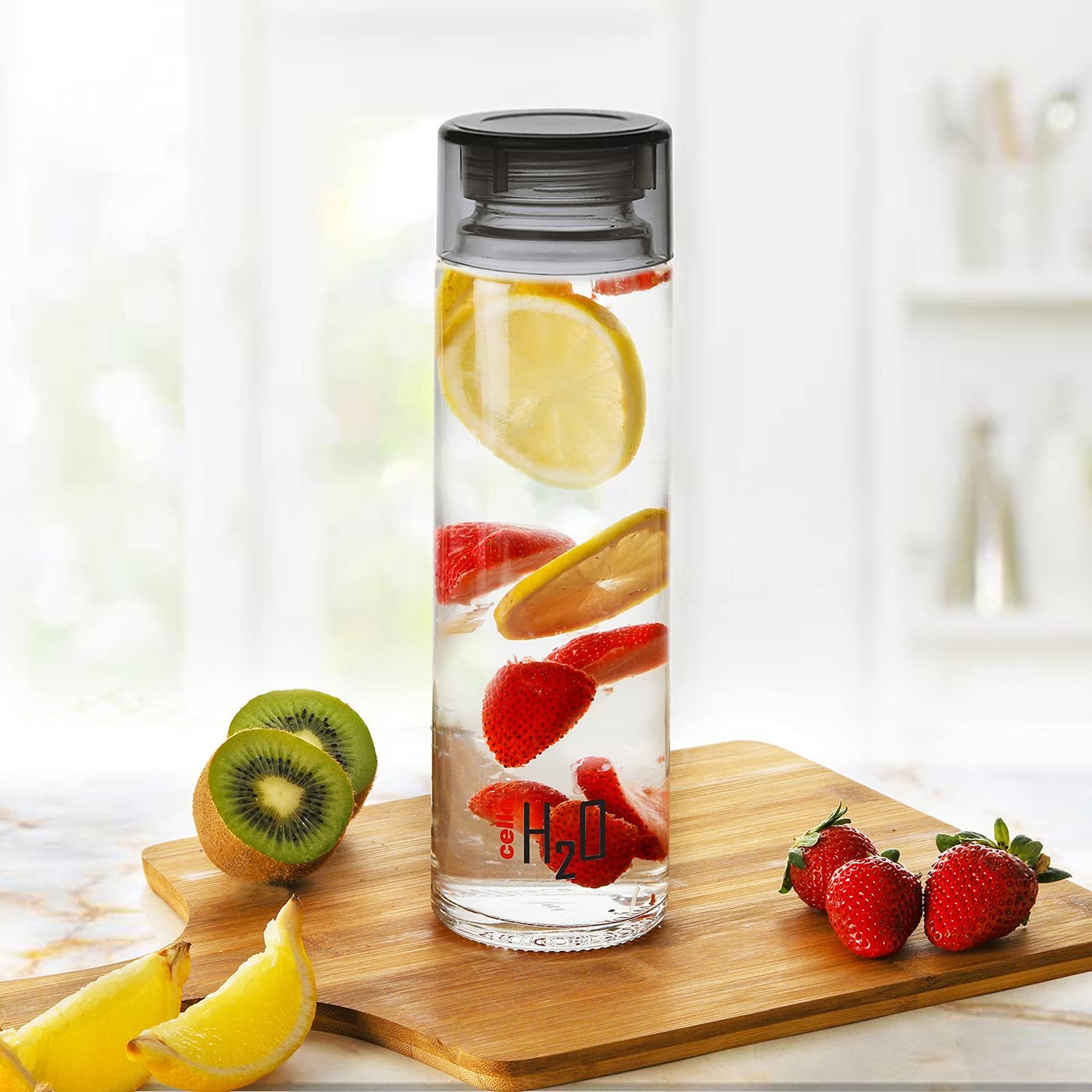 Cello H2o Sodalime Glass Fridge Water Bottle With Plastic Cap 1000ml Black
