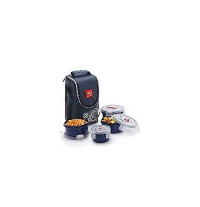 Cello Max Fresh Click Polypropylene Leakproof Lunch Box Set with Bag, 4 Containers, Blue