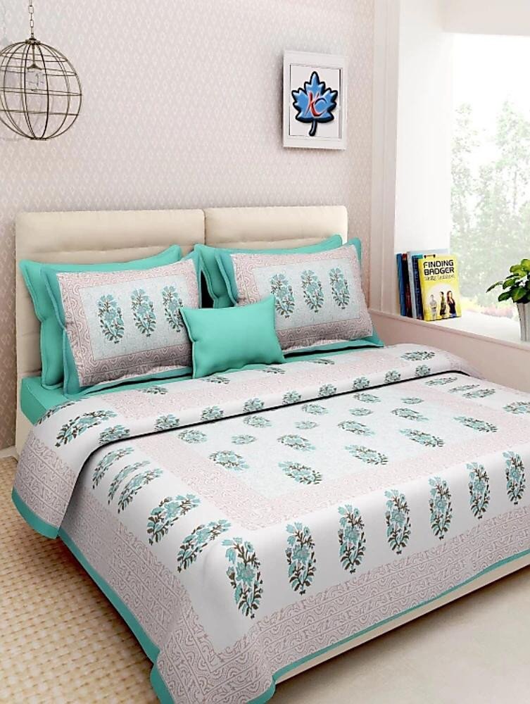 Sanganeri Mart Jaipuri Prints Cotton Bed sheet For Double Bed With Two Pillow Cover Size 85 x 95 Inch