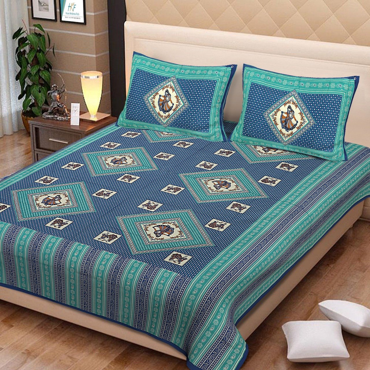 Sanganeri Mart Jaipuri Prints Cotton Bed sheet For Double Bed With Two Pillow Cover Size 85 x 95 Inch
