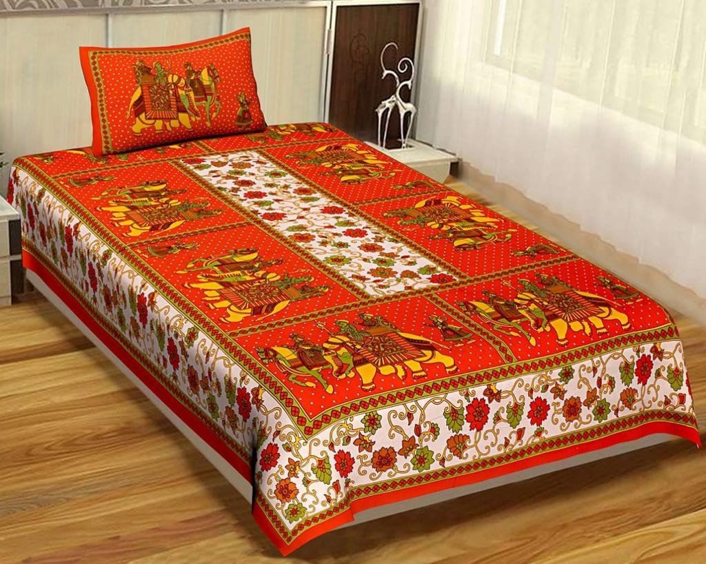 Sanganeri Mart Jaipuri Prints Cotton Bed sheet For Single Bed / Diwan Bed Sheet With One Pillow Cover Size 60 x 90 Inch