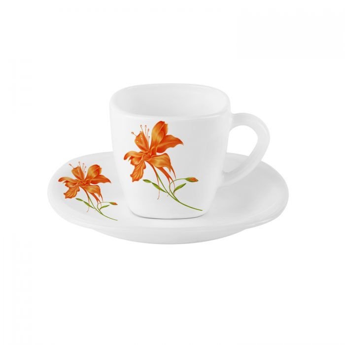 Cello Opalware Orange lily Quadra Cup Saucer 6 Set