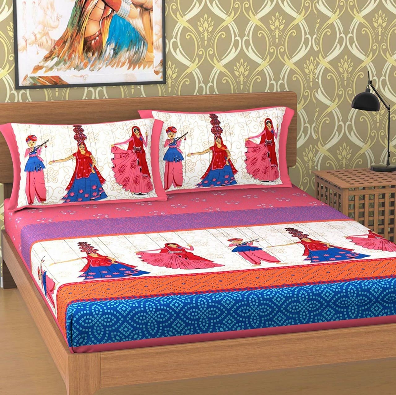 Sanganeri Mart Jaipuri Prints Cotton Bed sheet For Double Bed With Two Pillow Cover Size 85 x 95 Inch