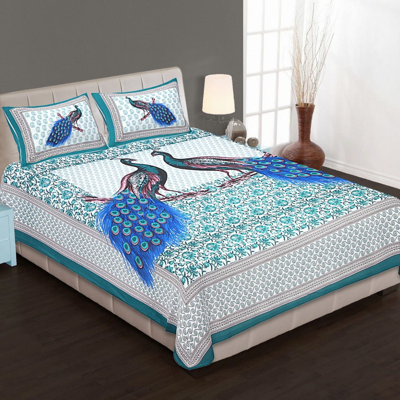Sanganeri Mart Jaipuri Prints Cotton Bed sheet For Double Bed With Two Pillow Cover Size 85 x 95 Inch