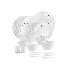 Cello Lush Fiesta Dazzle Series Opalware Dinner Set - 35 Pieces, Service for 6, Elegant White Design