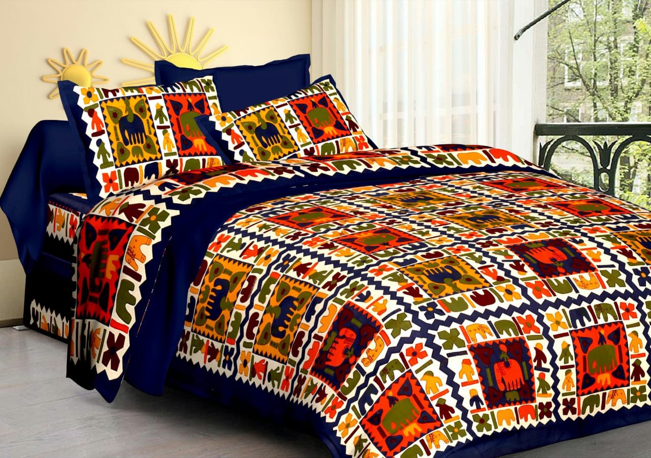 Sanganeri Mart Jaipuri Prints Cotton Bed sheet For Double Bed With Two Pillow Cover Size 85 x 95 Inch