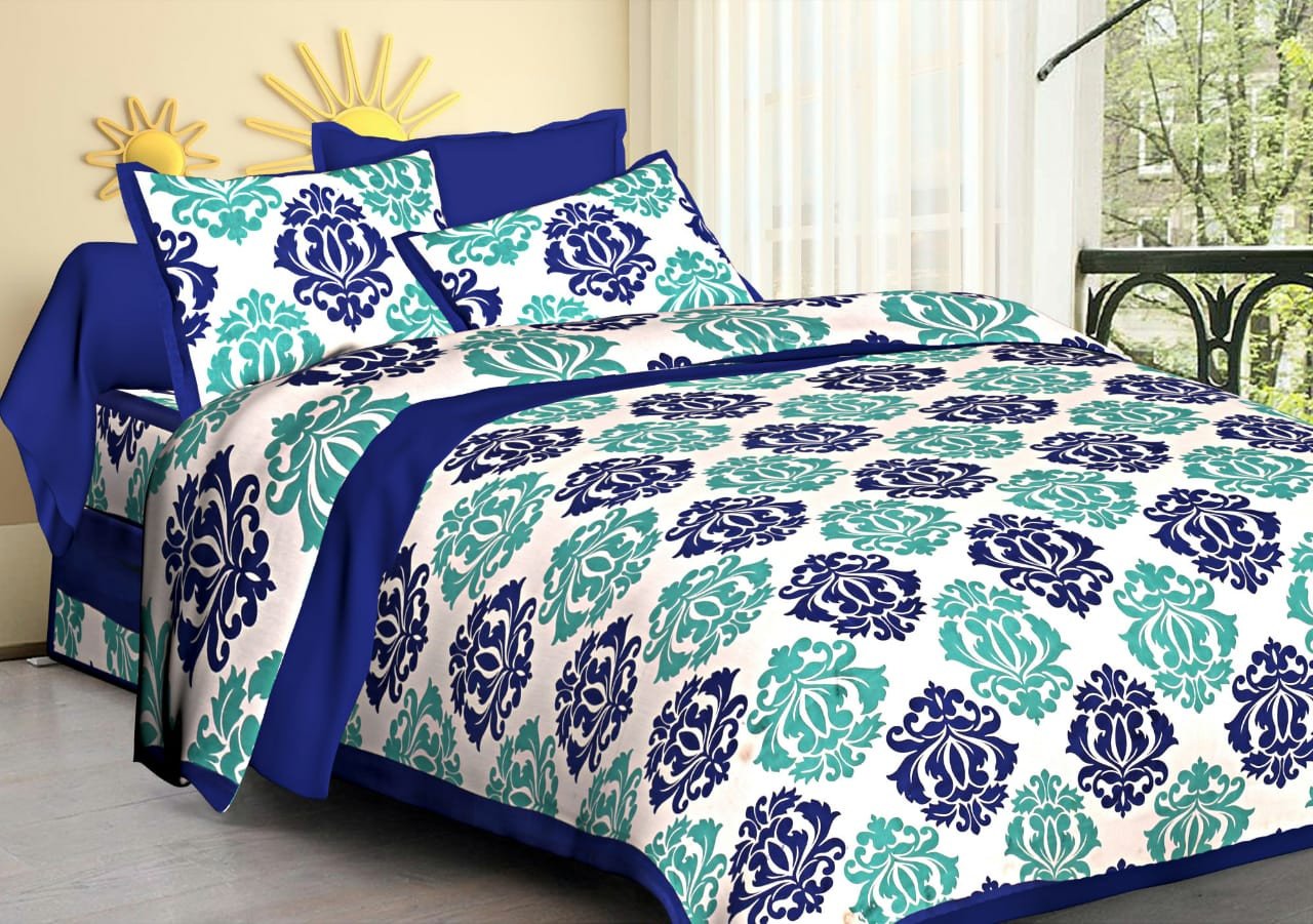 Sanganeri Mart Jaipuri Prints Cotton Bed sheet For Double Bed With Two Pillow Cover Size 85 x 95 Inch