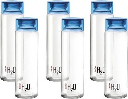cello Sodalime Glass Fridge Water Bottle with Plastic Cap, 1000 ml Bottle  (Pack of 6, Blue, Clear, Glass)