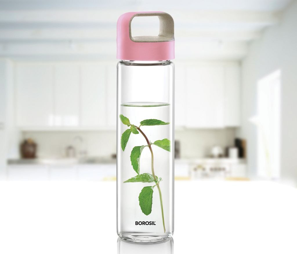 Borosil - Puro Neo Borosilicate Glass Water Bottle with Pink Handle-550ml-Transparent-Puro Neo Pink Bottle Set of 1