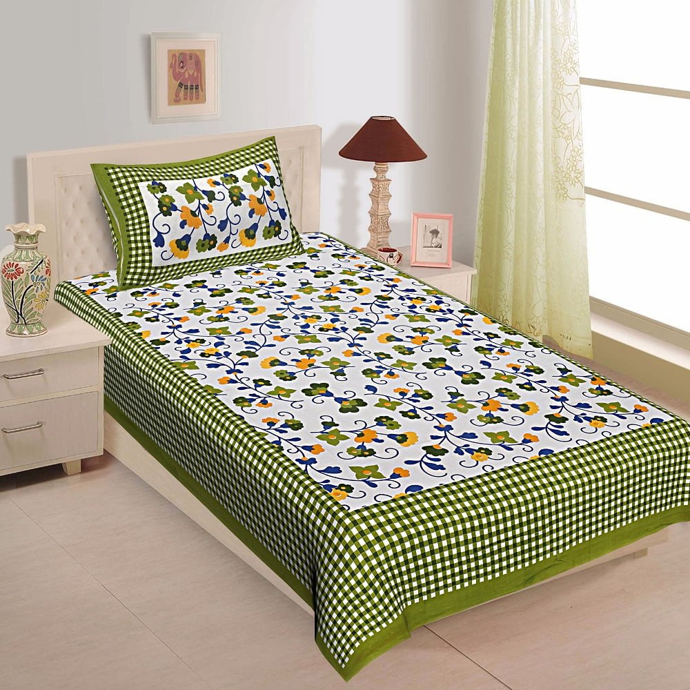 Sanganeri Mart Jaipuri Prints Cotton Bed sheet For Single Bed / Diwan Bed Sheet With One Pillow Cover Size 60 x 90 Inch