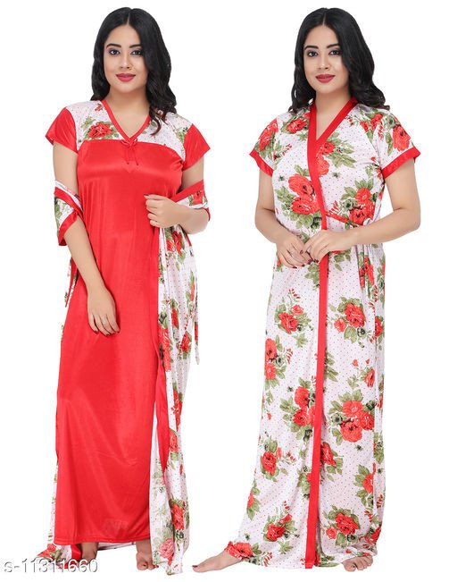 Women's Satin Full-Length Nighty with Robe Pack Of 2
