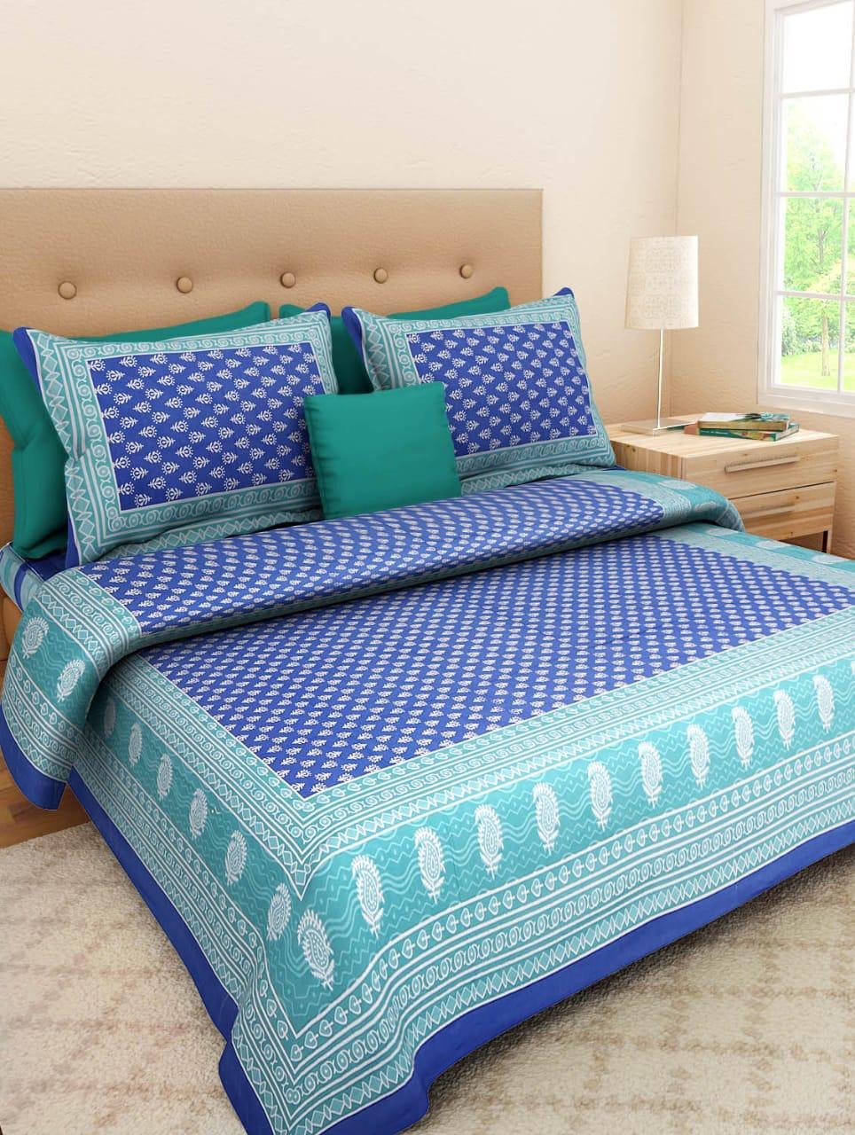 Jaipuri Prints Cotton Bed sheet For Double Bed With Two Pillow Cover Size 85 x 95 Inch