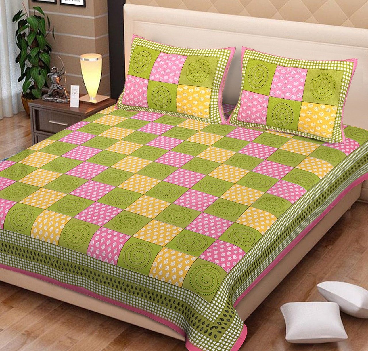 Sanganeri Mart Jaipuri Prints Cotton Bed sheet For Double Bed With Two Pillow Cover Size 85 x 95 Inch