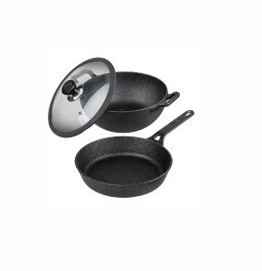 Vinod Legacy Pre-Seasoned Cast Iron Combo of Frypan 24 cm & Kadai 24cm, Induction Friendly, Black, 2 Piece